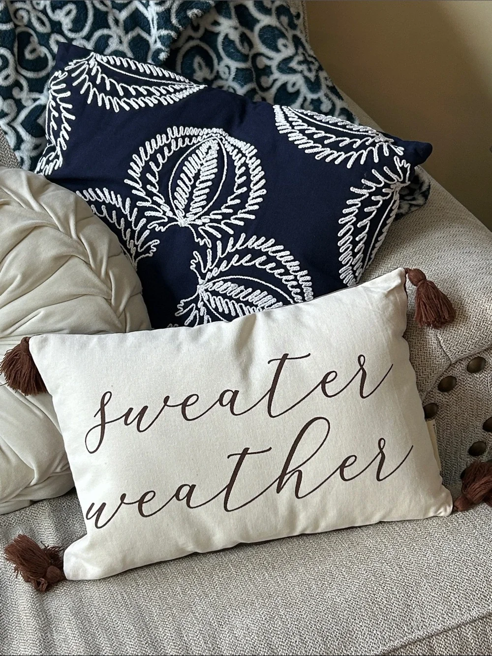 NEW! Fall Harvest Sweater Weather Cream Toss Pillow with Brown Script & Tassels